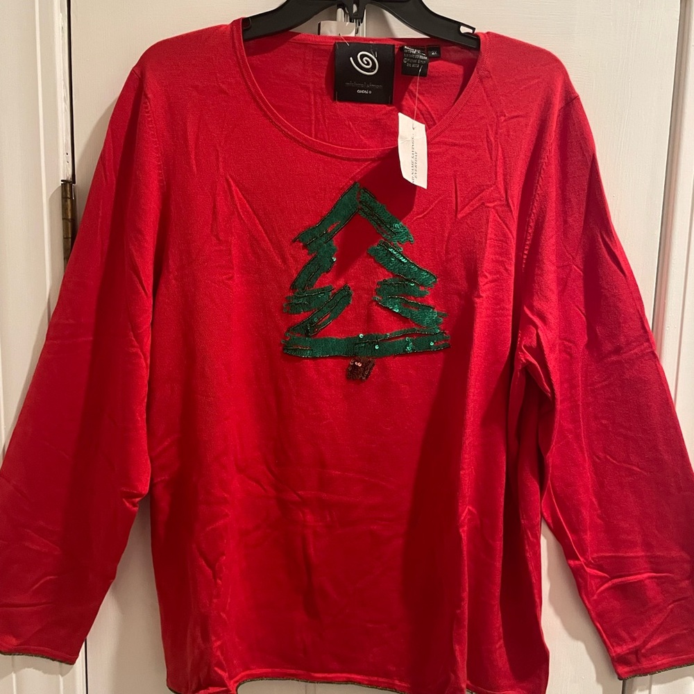 Michael Simon red spun silk Holiday sweater. Beaded, sequins. Women’s 2X. Flaw